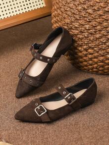 2026春夏新款方头平底乐福鞋，休闲软底英伦风女士一脚蹬鞋，大码41-43 - 棕色 - 查看 3