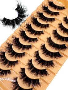 10对自然蓬松短款假睫毛，浓密纤长，9D卷翘貂毛睫毛，D卷翘度，自然妆效，可重复使用，适合万圣节和日常佩戴 - 黑色 - 查看 1