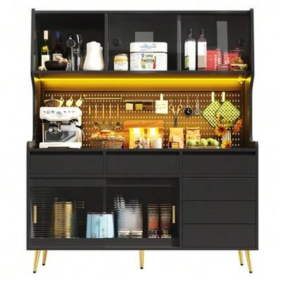 Modern Sideboard With LED Lighting & App, Narrow Tall Cabinet For Kitchen & Living Room, Stylish Storage Cabinet With Pegboard, Drawer & Glass Shelves 145x39x171 Cm, Walnut Color