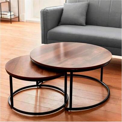 UTILIA Juego de 2 Mesas Auxiliares para Cafe - Mesas Redondas para Sala de Estar, Set de Mesa de Centro para Sala, Diseño Industrial Minimalista, Decoración Moderna, Madera y Acero, Fácil Montaje