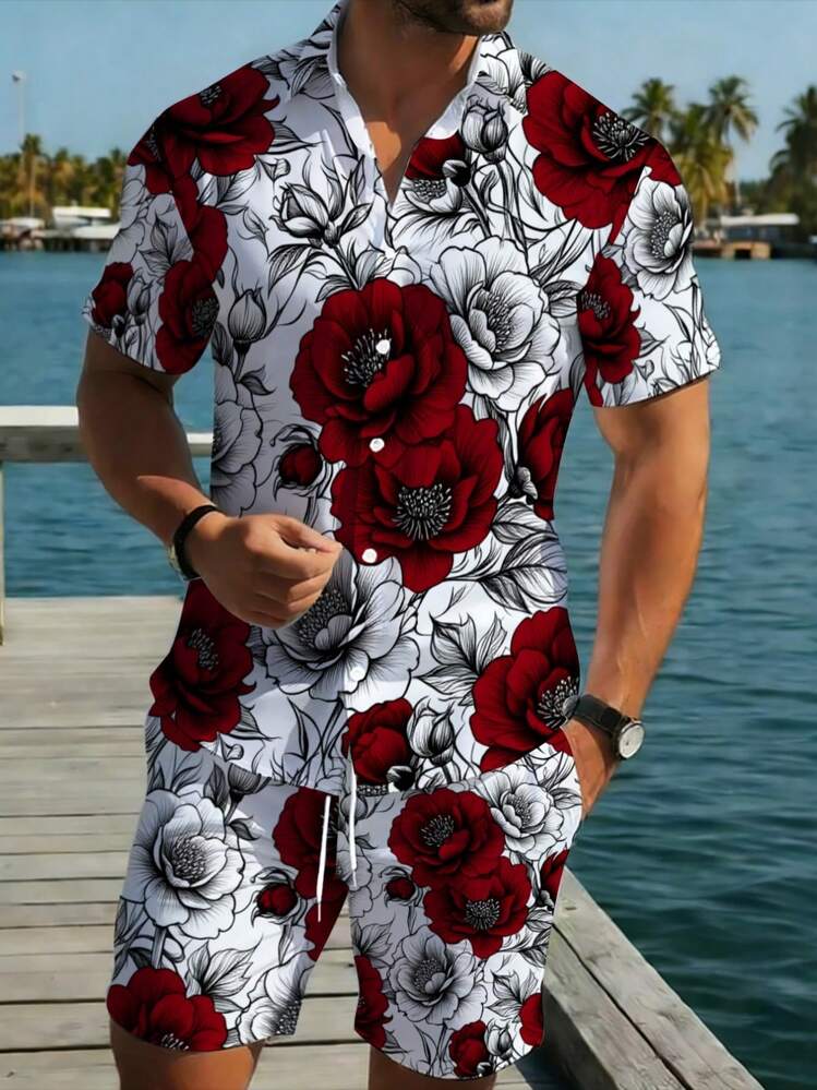 One Piece Of Men's Retro Elegant Woven Fabric, Wrinkle-Resistant And Easy To Care For, For Partner, Summer Casual Dinners, White Base With Red Flower Print Men's Lapel Shirt Plus Beach Pants Set - Nhiều màu - Xem 1