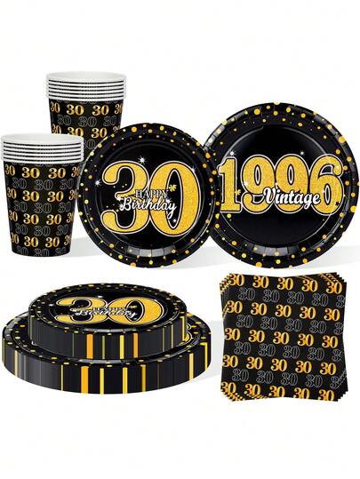 10件/20件/50件/80件装30岁生日派对用品，9英寸和7英寸圆形纸盘、纸杯、6.5英寸餐巾纸，黑色底金色闪光“30”和“1966 Vintage”印花一次性餐具套装，适用于30岁生日派对，1996复古风格，男女皆宜。