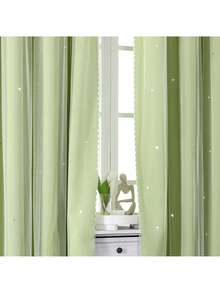 1pc Hollow Star Curtain, Polyester Lace Double-Layer Curtain, Darkening Curtain For Living Room & Bedroom, Cute Style - 淡綠 - 查看 4