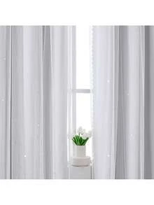 1pc Hollow Star Sheer Curtain, Polyester Lace Double-Layer Blackout Curtain For Living Room Bedroom, Cute Style - 白色 - 查看 5