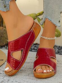 Plus Size 36-45 Summer Fashion Casual Open Toe Thick Bottom Sandals, Pink Matte, Black, Blue, Brown, Beige, Comfortable & Versatile Roman Wedge Slippers For Women - Red Crocodile Pattern - View 3