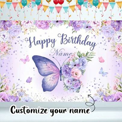 Banner sinh nhật hoa bướm tím tùy chỉnh - Phông nền polyester rực rỡ với tên cá nhân hóa, trang trí tiệc bền chắc cho sinh nhật, đạo cụ chụp ảnh studio, trang trí tường đa năng, phông nền chụp ảnh | Thiết kế hoa | Hình in sống động, trang trí sinh nhật