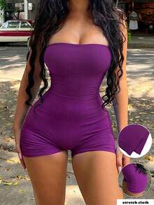 Purple Striped Strapless Fitted Romper - Sexy Clubwear Jumpsuit Summer Elegant - Hot Pink - View 4