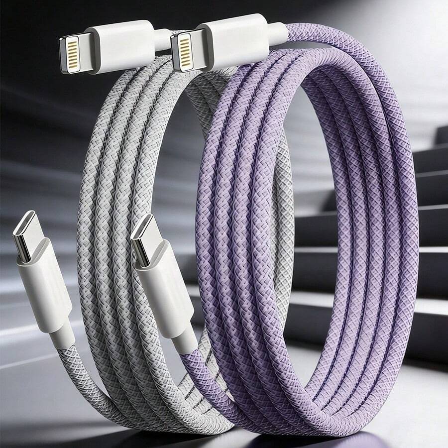 2条装 Type-C 转 Lightning 快充数据线，MFi 认证，兼容 14/13/12/11 Pro Max/XR/XS/8/7/6/SE，支持 CarPlay，线长 3 英尺/6 英尺，高密度编织多色 PD 快充