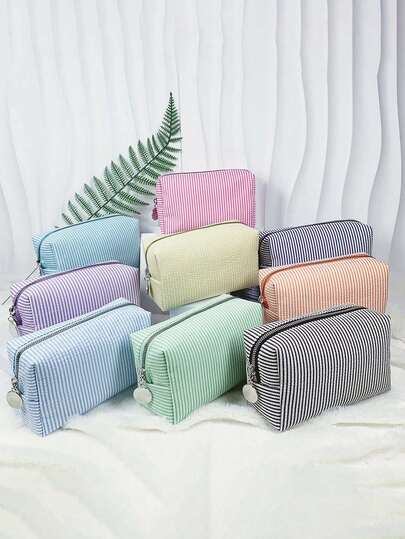 1pc Pink Zipper Makeup Brush Holder, Plush Checkered Cosmetic Bag, Striped Cosmetic Handbag, Large Zipper Travel Toiletry Bag, Macaron Striped Pencil Case, Portable Handheld Cosmetic Storage Bag, Multi-Function Storage Pouch, Ladies Makeup Organizer, Multi-Function Zipper Storage Bag, Professional Makeup Bag, Artist Storage Bag, Essential Foldable Makeup Cup, Suitable For Home, Gifts, Vacation, Travel, Travel Essentials, Cosmetic Bag, Travel Necessities, Bag, Makeup Bag