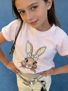 Tween-Mädchen 1 Stück T-Shirt mit Schleife und Hasen-Muster, Kleidung, Sommergeschenk für Kinder - Pink - Übersicht 5