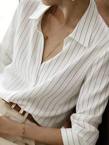 Women's Elegant Long Sleeve Striped Shirt With Collar Button, Regular Fit Spring White - White - View 4