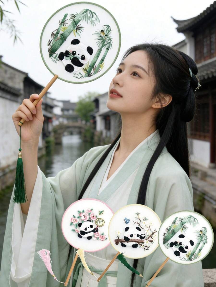 1把复古手扇,熊猫竹子刺绣扇,中国丝绸刺绣圆扇,绿/粉/黄三色可选,家居装饰,流苏舞扇,适用于摄影、婚礼、装饰、舞蹈、聚会、表演、礼品、母亲节、婚礼回礼、返校季、夏季降温 - 國風扇子 - 查看 1