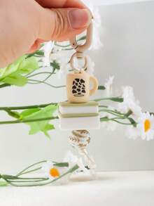 1pc Book Lover & Coffee Addict Beaded Keychain, Cow Print / Leopard Print Coffee Cup Pendant, Minimalist Macaron Design, Daily Commute Accessory, Gift For Friends And Family - Multicolor - View 7