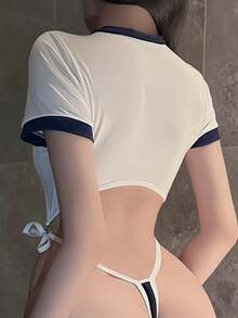 Ladies Sexy V Neck Fun Nightdress Underwear Anime Lingerie Cosplay Bodysuit Tie Top Set - 白色 - 查看 2