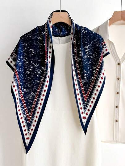 1条春季新款复古印花三角巾，多功能防皱防晒头巾、颈巾、发圈，适合户外旅行、街舞服装