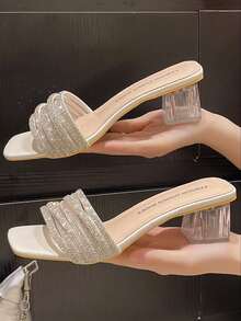 Women's Crystal Heel Wedge Toe Ring Sandals, Fashion Transparent Chunky Heel Beach Vacation Slippers - Beige - View 4
