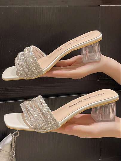Women's Crystal Heel Wedge Toe Ring Sandals, Fashion Transparent Chunky Heel Beach Vacation Slippers