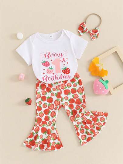 First Birthday Outfit Baby Girl Letter Strawberry Romper Bell Bottoms Pants 1st Birthday Girl Outfit