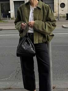 Seelio Spring/Autumn New Arrival Casual Versatile Suede-Like Green Jacket, Deer Skin Texture - Military Green F - View 7