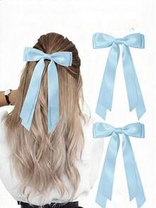 2个蓝色蝴蝶结发夹，缎带蝴蝶结发卡，适合派对、学校及其他场合 - 淺藍色 - 查看 1
