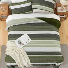 Quilt Set Queen Size Sage Green Striped Bedding Set 3 Piece Lightweight Bedspreads Coverlets Set Soft Microfiber Summer Striped Quilts With 2 Pillowcases All Season Patchwork Comforter Set 96"*90" - Sage Green - Ver 4