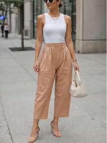 Pantalón dama mujer cintura elástica delgado y fresco para verano de moda casual unicolor - Champán - Ver 4