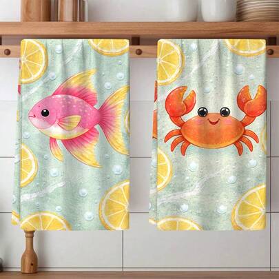 Bộ 2 khăn lau họa tiết sọc hoạt hình, in hình cua chanh và cá, khăn lau bếp, khăn trang trí, chất liệu microfiber siêu thấm hút, có thể giặt máy, thích hợp để trang trí ngày lễ, nấu nướng, làm bánh, làm quà tặng tân gia và dùng để lau dọn, thích hợp cho nhà bếp, phòng tắm, nhà vệ sinh, bộ nhiều món.