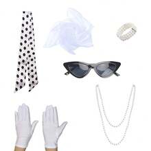 Bộ phụ kiện nữ phong cách cổ điển thập niên 40-50 (1/4/6 món), bao gồm khăn quàng cổ, kính mắt mèo, băng đô chấm bi và găng tay, phù hợp cho tiệc theo chủ đề thập niên 50, trang phục Halloween, lễ hội hóa trang, mặc hàng ngày và các sự kiện theo chủ đề. - Bộ đồ cổ điển - Xem 19