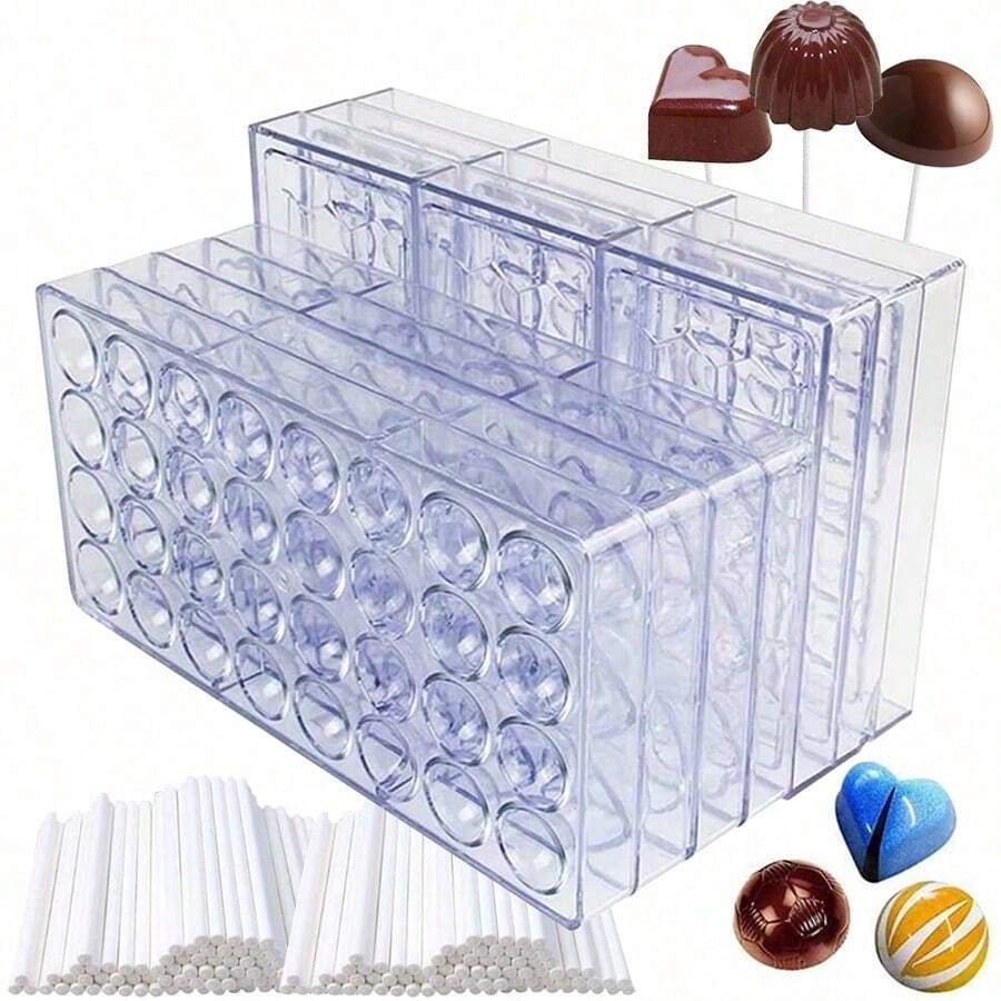 34pcs Chocolate Mold Set With 100pcs Chocolate Lollipop Sticks, Home Kitchen Chocolate Candy Baking Tools, Pastry Making Supplies - Clear - View 1