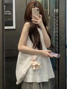 [Y6Y] 女士夏季无袖背心，圆领腰部串珠抽绳设计，适合温柔风格 白色 - 白色 - 查看 6