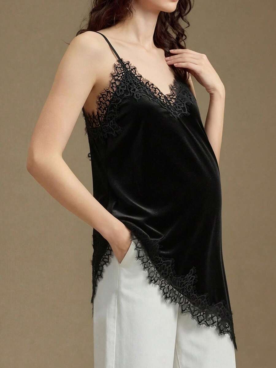 孕妇哺乳吊带背心，黑色丝绒蕾丝弹力无袖背心，产后日常打底衫 - 黑色 - 查看 1