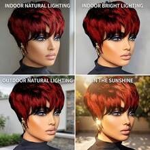 Summer Style Short Pixie Cut Wig Burgundy Red Afro Short Curly Black Wigs Side Part Curly Bangs Synthetic No Glue Brown Wigs Natural Looking Cosplay Hair Wig Short Burgundy Curly Wigs Wine Red Pixie Cut Wigs With Side Bangs Easy To Wear - 435-4 - 查看 3