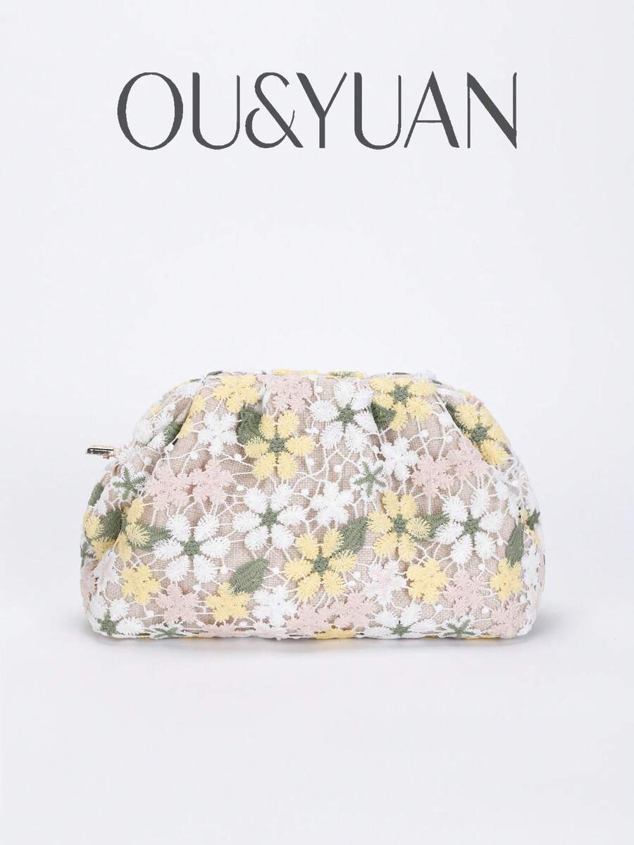 1pc Flower Crocheted Cloud Fold Bag, Spring And Summer Holiday Flower Clutch Bag, Suitable For Daily Leisure And Beach Holiday. - Apricot - View 1