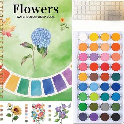 36 Color Watercolor Paint Set, Portable Watercolor Paint Kit With 2 Watercolor Brushes, 15 Beautiful Watercolor Paintings For Beginners