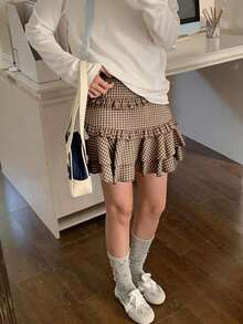 Vintage Plaid Skirt For Women, Autumn Design Ruffled Hem Slim Fit Versatile Skirt - Mocha Brown - View 3