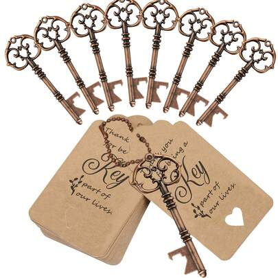 1 Set/10 Sets Vintage Key Bottle Opener For Wedding, Including Bottle Opener, Thank You Tag Card, Chain, Perfect Wedding Gift, Suitable For Wedding, Bridal Shower, Birthday Party, Decor, Kitchen And Bar Supplies