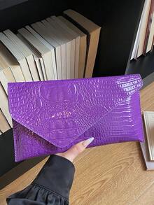 时尚纯色优雅鳄鱼纹信封手拿包，休闲百搭手提包 - 紫色 - 查看 9