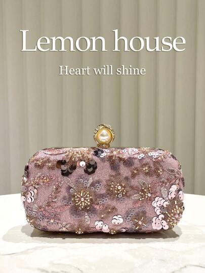 1 pieza Bolso de embrague de noche con bordado de lentejuelas rosa de loto, bolso de hada con cuentas florales, bolso pequeño de estilo vacacional con correa de hombro desmontable, adecuado para fiesta, banquete, boda, baile de graduación, San Valentín, carnaval y otras ocasiones para mujeres