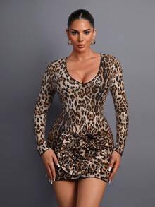 Đầm dạ hội nữ họa tiết da báo 3D hoa văn, cổ chữ V sâu - Đầm ngắn tay dài thời trang với họa tiết hoa, thiết kế cổ chữ V sâu thanh lịch, phù hợp cho các bữa tiệc, tiệc chiêu đãi, đám cưới, vũ hội và các dịp trang trọng khác. - màu nâu - Xem 8