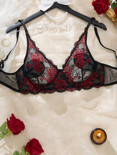 Women's Red Rose Embroidery Sheer Underwire Push-Up Bra