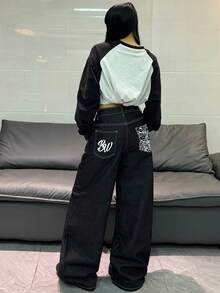 1件韩版街头风印花撞色拼接宽松阔腿牛仔裤，舒适休闲百搭，四季皆宜（不含腰带/配饰）黑色春季款 - 黑色 - 查看 4