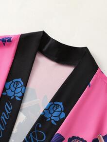 玫瑰印花七分袖宽松和服开衫，动漫风格外套 - 玫瑰紅 - 查看 5