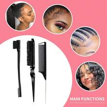 GOIPLE 3pcs Professional Hair Styling Brush & Comb Set, Dual Edge Brush & Comb, Slicking Bristle Brush, Stainless Steel Rat Tail Comb, Flyaway Taming Baby Hair Sculpting Edge Brush, Ponytail Smoothing Braid Styling Slicking Brush, Precise Sectioning Parting Rat Tail Comb, Ergonomic Handle Nylon Bristles Hair Styling Tools, For Daily Home & Salon Hair Styling, For Women All Hair Types Curly Coily Braided Textured Hair - 3 chiếc màu đen - Xem 6