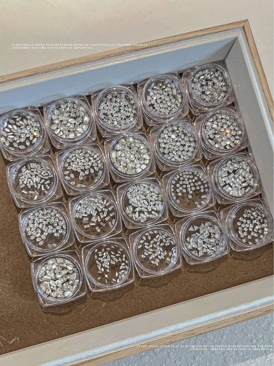 50顆/盒迷你鑲邊平底鋯石，美甲裝飾－閃亮透明白色菱形水滴混合不對稱造型，美甲配件，DIY美甲用品，指甲飾品