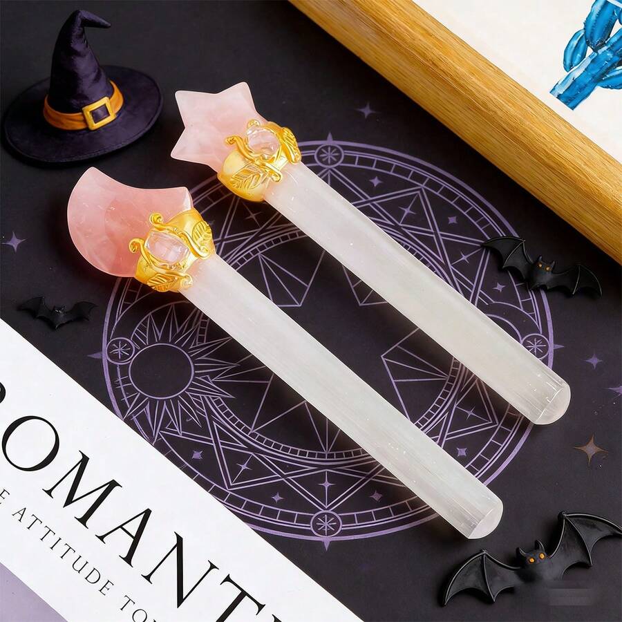1 Varinha Mágica de Cristal de Selenita com Lua e Estrela | Cetro Mágico para Artesanato e Cura, Perfeito para Decoração de Halloween e Festas, Presente Ideal para o Dia das Mães e Meninas - Bastão de Curativo Mágico - Ver 1