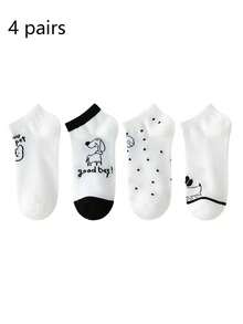 4 Pairs New Women's Thin Ankle Socks, Cute Pet Patterns, Cartoon Cat & Dog Designs, Comfortable Casual Boat Socks, Minimalist Versatile - Black and White - View 3