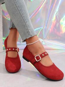 2026春季新款时尚女式麂皮玛丽珍鞋，金色铆钉方扣，软底圆头平底鞋，法式圆头浅口复古设计 - 紅色 - 查看 6