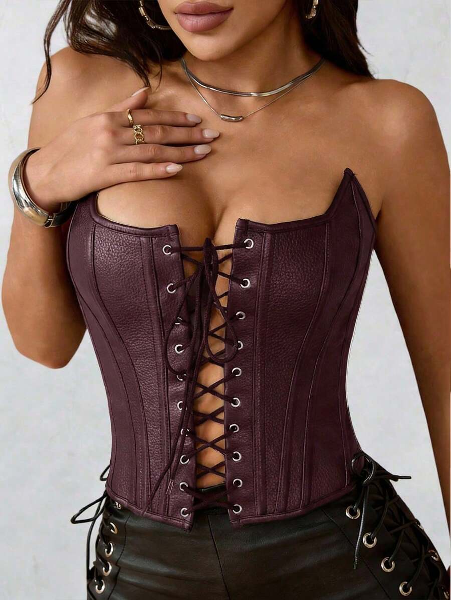 Apperloth A 性感过胸束身胸衣 PU 皮革带骨露脐抹胸上衣 女士系带前开后露背塑身衣 万圣节服装 感恩节服装 - 棗紅色 - 查看 1