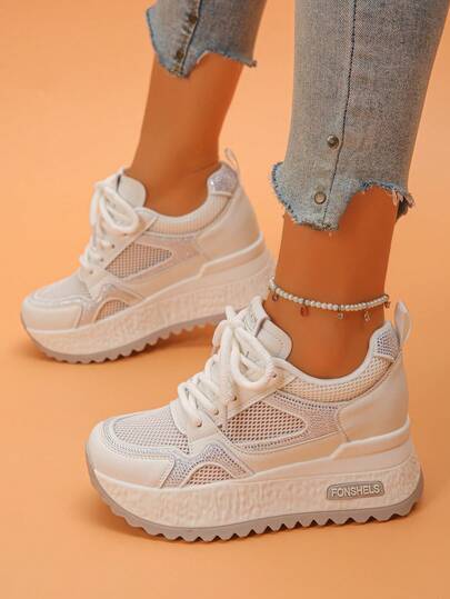 Zapatillas de plataforma para mujer, con cordones, de malla y parches, transpirables, de suela gruesa, con decoración de strass, zapatos blancos de moda