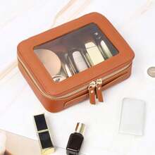 Clear Makeup Bag Travel Toiletry Case for Women Cosmetic Pouch with Zippers Car Storage Organizer for Essentials Brown Medium Classic - Marrón - Ver 3